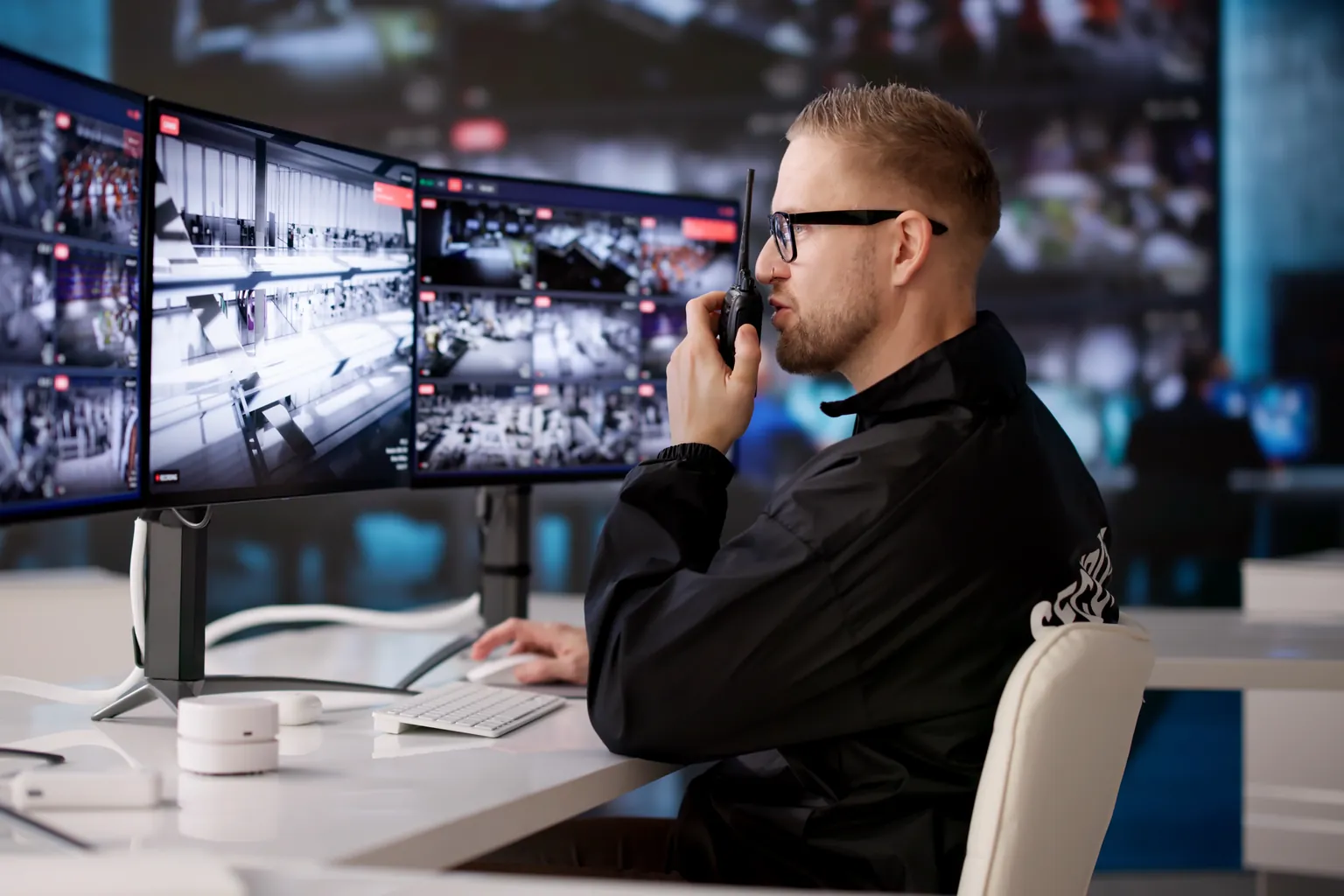 Diszpécser rádióval a monitorfal előtt
