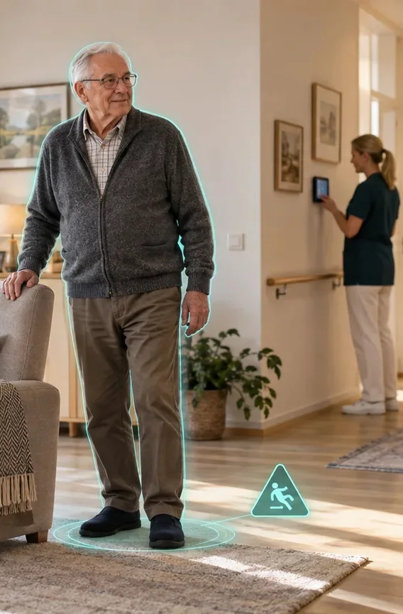 Idős férfi a nappaliban, a gondozókamera mozgáskövetésével; háttérben a gondozó