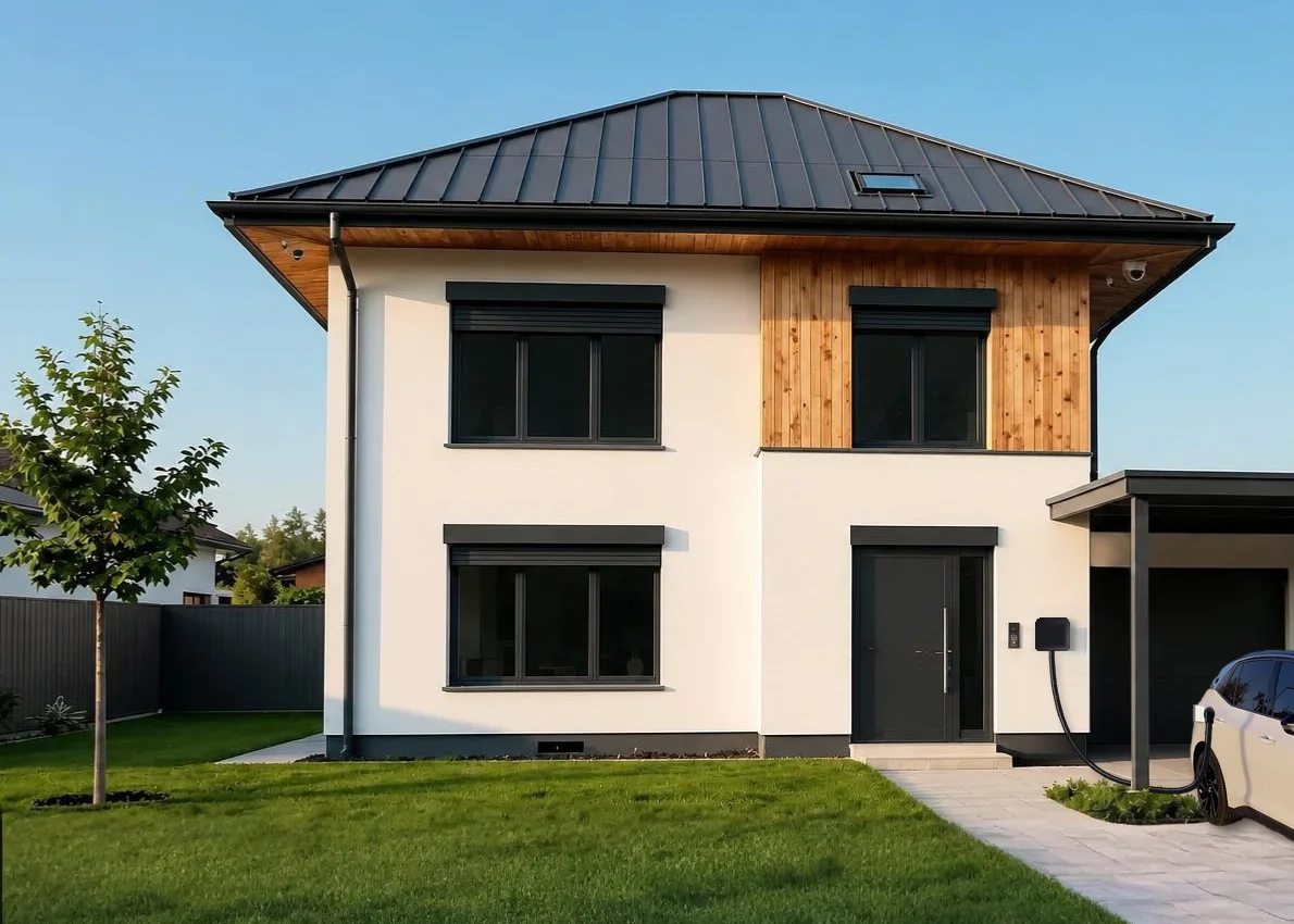 Reggel a családi ház előtt, az autó a kocsibeállóban