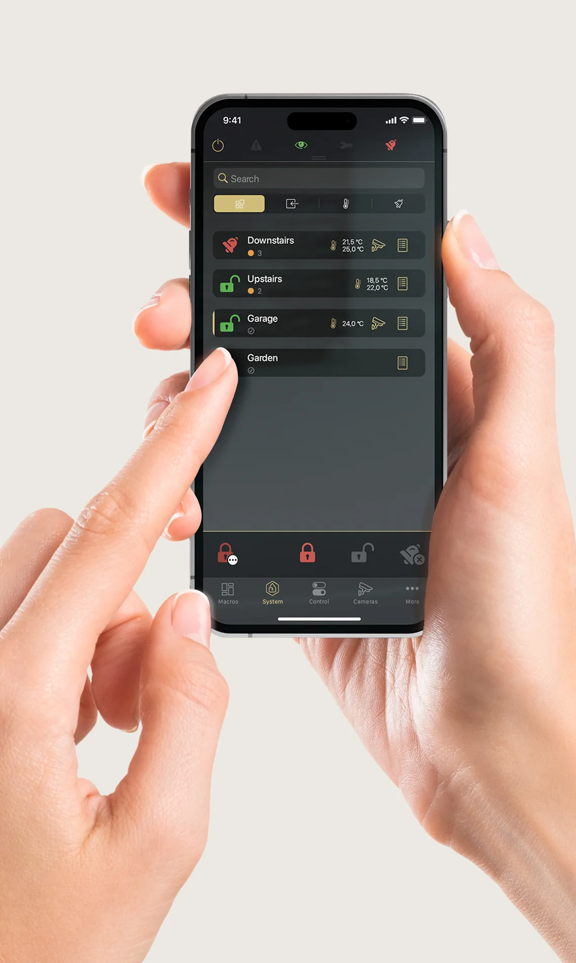 A riasztó partíciói a telefonos alkalmazásban